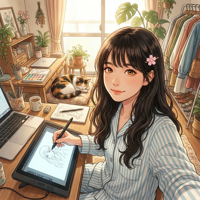 Aiko's morning sketchbook selfie in Tokyo loft
